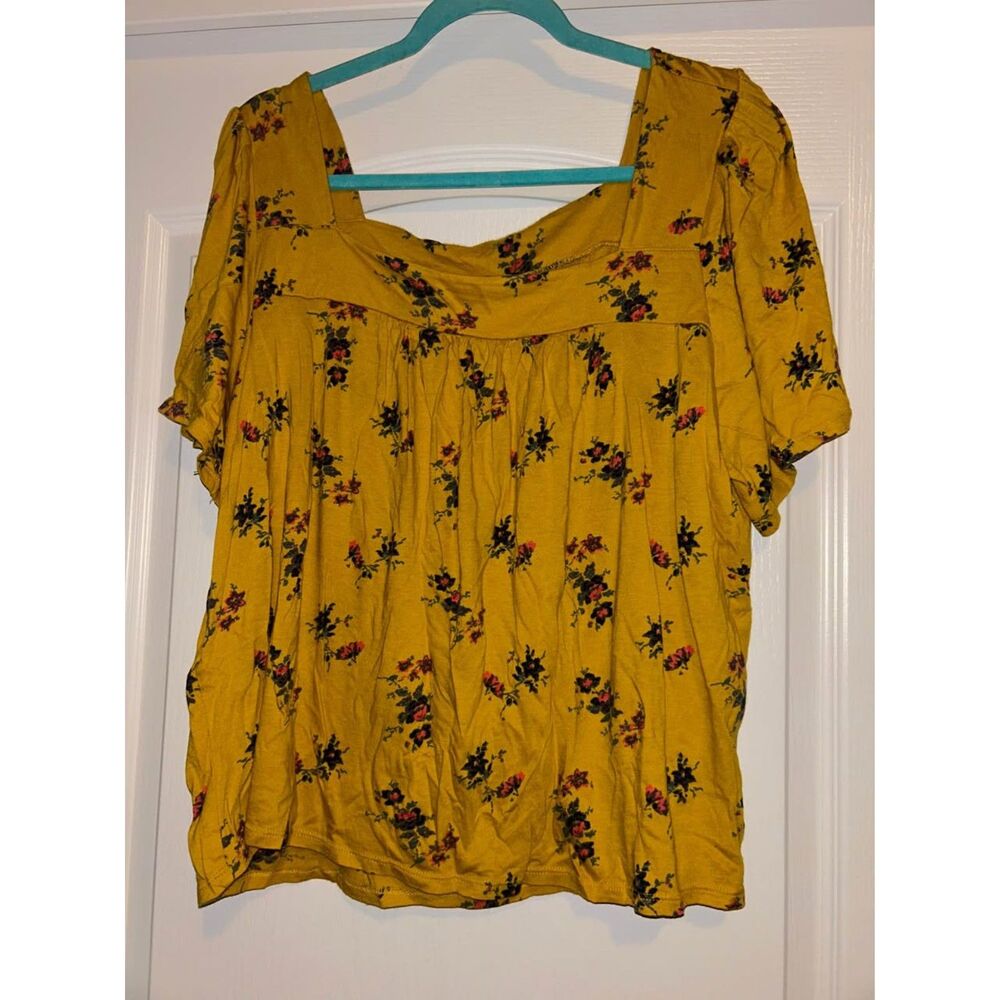 Lucky brand mustard yellow pink floral boho peasant top woman's size XXL